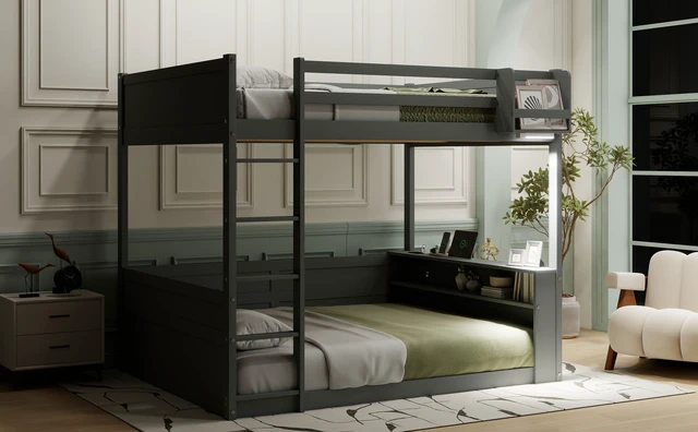 Alt view image 6 of 7 - Queen Size Wooden Bunk Bed with Built-in Shelves, Storage Box, LED Light and USB Charging Station, Grey