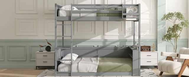 Alt view image 7 of 7 - Queen Size Wooden Bunk Bed with Built-in Shelves, Storage Box, LED Light and USB Charging Station, Grey