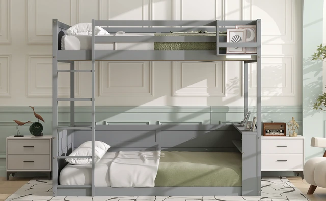Alt view image 4 of 7 - Queen Size Wooden Bunk Bed with Built-in Shelves, Storage Box, LED Light and USB Charging Station, Grey