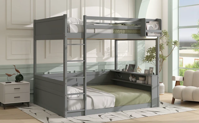 Alt view image 5 of 7 - Queen Size Wooden Bunk Bed with Built-in Shelves, Storage Box, LED Light and USB Charging Station, Grey