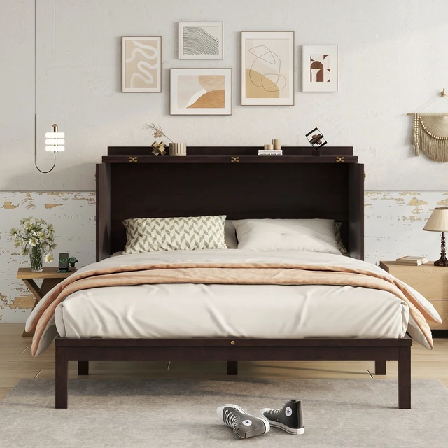 Alt view image 2 of 7 - Queen Size Murphy Bed, Pine Wood Cabinet Bed with Power Station and Rattan Decoration Panel,Espresso