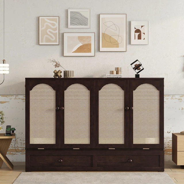 Main image of Queen Size Murphy Bed, Pine Wood Cabinet Bed with Power Station and Rattan Decoration Panel,Espresso
