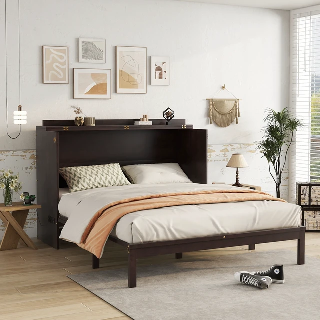 Alt view image 3 of 7 - Queen Size Murphy Bed, Pine Wood Cabinet Bed with Power Station and Rattan Decoration Panel,Espresso