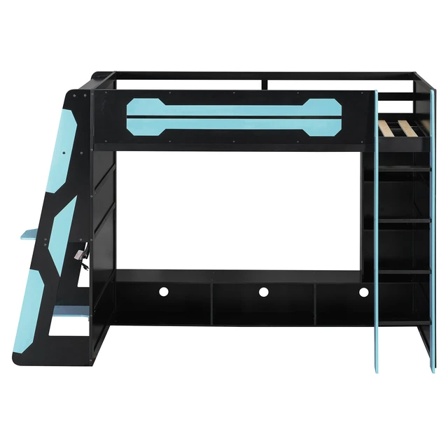 Alt view image 7 of 7 - Twin Size Wood Loft Bed with Desk, Multi-storage Shelves and RGB Light, Cloud Blue