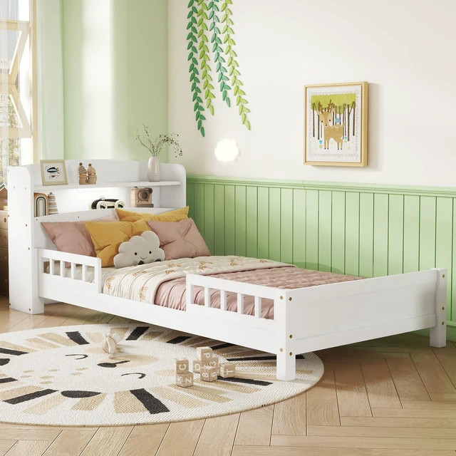Alt view image 5 of 7 - Twin Pine Wood Bed with Bookcase Headboard ,LED Motion Sensor Light, Guardrails,White