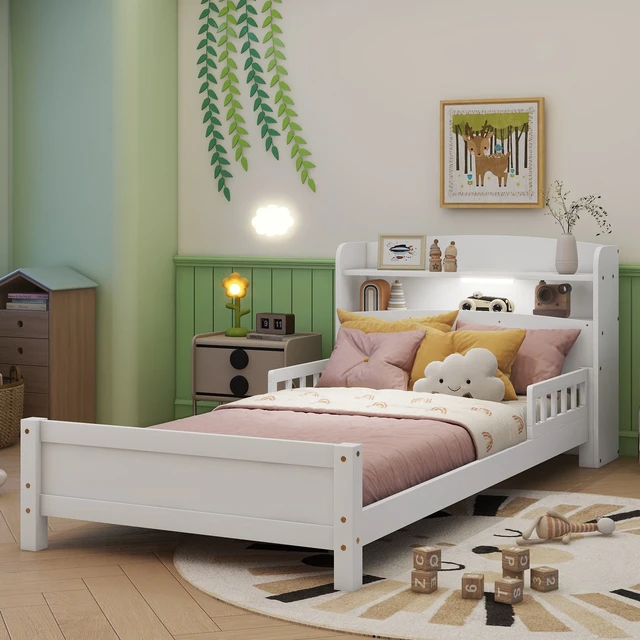 Alt view image 2 of 7 - Twin Pine Wood Bed with Bookcase Headboard ,LED Motion Sensor Light, Guardrails,White