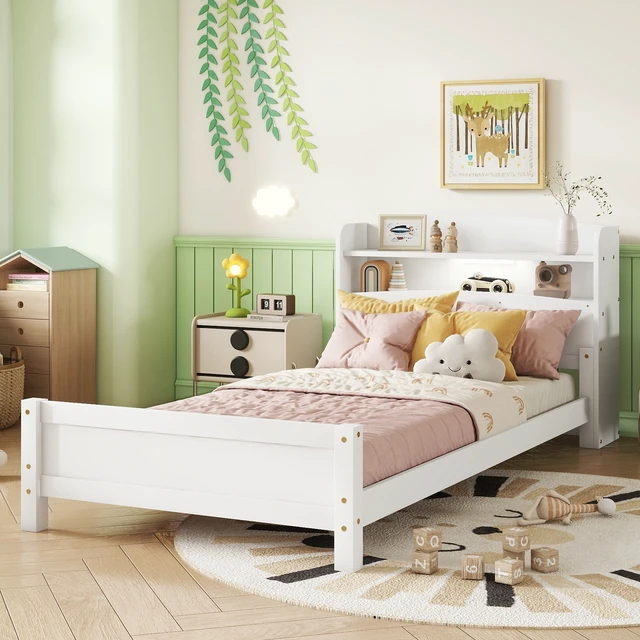 Alt view image 3 of 7 - Twin Pine Wood Bed with Bookcase Headboard ,LED Motion Sensor Light, Guardrails,White