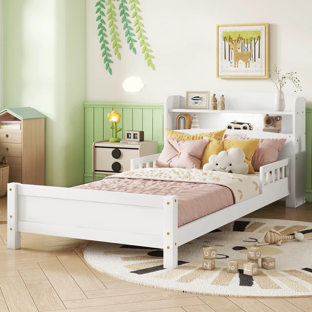 Alt view image 4 of 7 - Twin Pine Wood Bed with Bookcase Headboard ,LED Motion Sensor Light, Guardrails,White