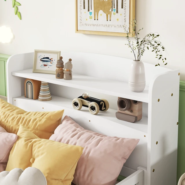 Alt view image 7 of 7 - Twin Pine Wood Bed with Bookcase Headboard ,LED Motion Sensor Light, Guardrails,White