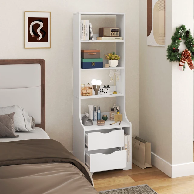 Alt view image 3 of 7 - Night Stand with Bookshelf, Night Stand with 2 Storage Drawers for Bedroom