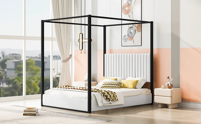 Alt view image 6 of 7 - Queen Size Upholstery Canopy Platform Bed with Headboard and Metal Frame, White
