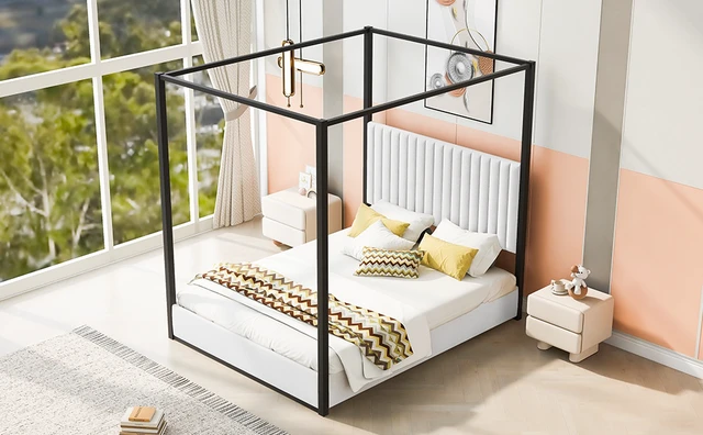 Alt view image 4 of 7 - Queen Size Upholstery Canopy Platform Bed with Headboard and Metal Frame, White