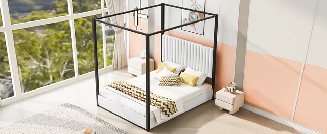 Alt view image 7 of 7 - Queen Size Upholstery Canopy Platform Bed with Headboard and Metal Frame, White