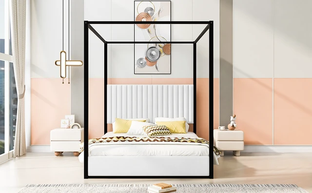 Alt view image 5 of 7 - Queen Size Upholstery Canopy Platform Bed with Headboard and Metal Frame, White
