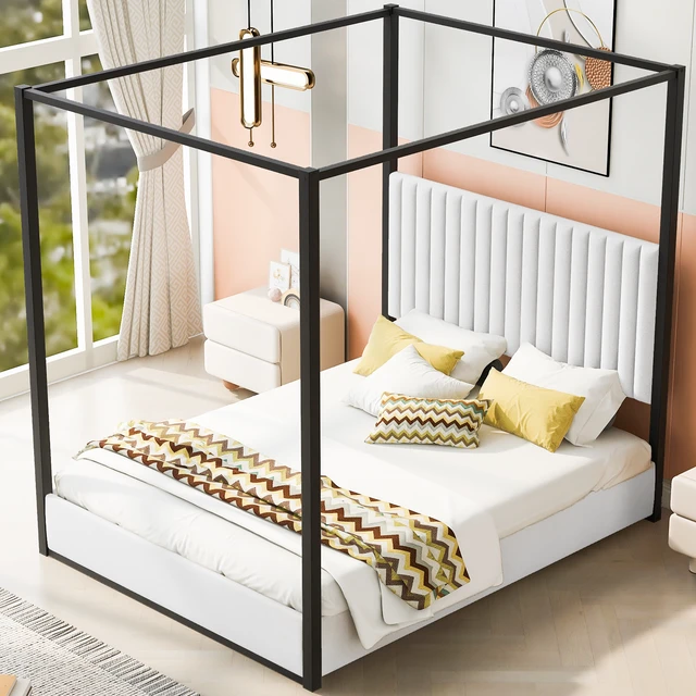 Alt view image 3 of 7 - Queen Size Upholstery Canopy Platform Bed with Headboard and Metal Frame, White
