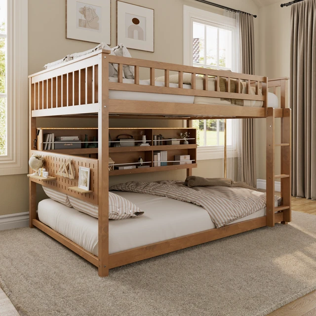 Alt view image 3 of 7 - Full over Full Bunk Bed with Integrated Shelving, Color-Changing Lights and Pegboard, Brown