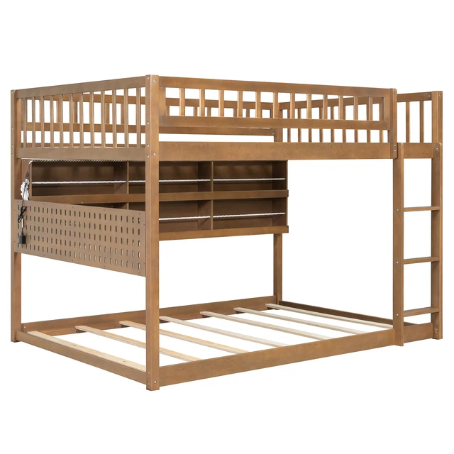 Alt view image 5 of 7 - Full over Full Bunk Bed with Integrated Shelving, Color-Changing Lights and Pegboard, Brown