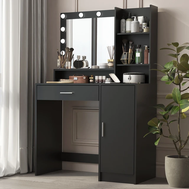 Alt view image 5 of 7 - Vanity Desk with Mirror & Light, Large Drawer Three Level Storage Dresser, 3 Lighting Modes Adjustable Brightness, Bedroom Dressing Table(black)