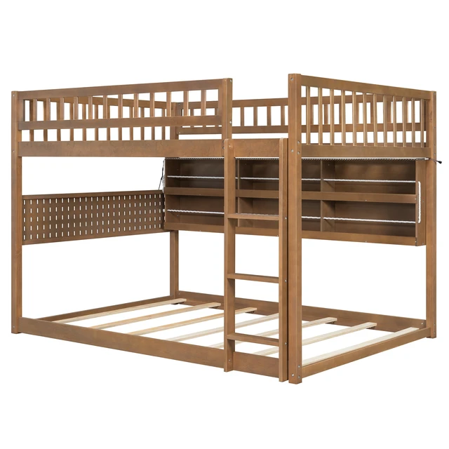 Alt view image 4 of 7 - Full over Full Bunk Bed with Integrated Shelving, Color-Changing Lights and Pegboard, Brown