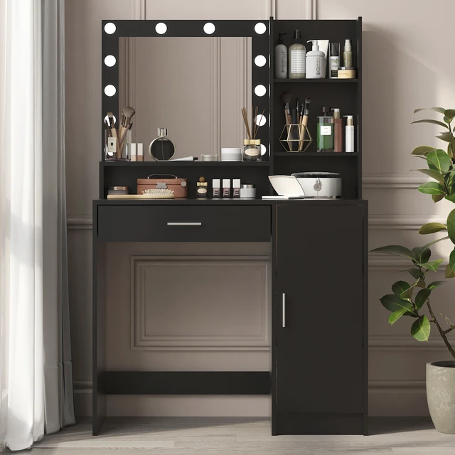 Alt view image 2 of 7 - Vanity Desk with Mirror & Light, Large Drawer Three Level Storage Dresser, 3 Lighting Modes Adjustable Brightness, Bedroom Dressing Table(black)