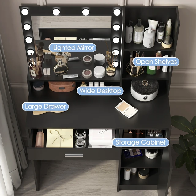 Alt view image 7 of 7 - Vanity Desk with Mirror & Light, Large Drawer Three Level Storage Dresser, 3 Lighting Modes Adjustable Brightness, Bedroom Dressing Table(black)