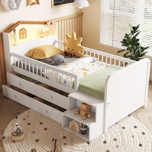 Alt view image 3 of 7 - Low Loft Bed with LED Lights, Wooden Twin Loft Bed with House Shape Headboard, Kids Loft Bed with Storage Drawers, White