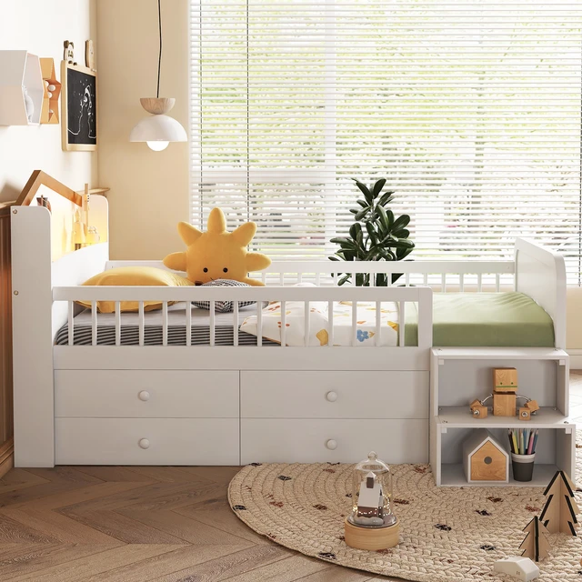 Alt view image 2 of 7 - Low Loft Bed with LED Lights, Wooden Twin Loft Bed with House Shape Headboard, Kids Loft Bed with Storage Drawers, White