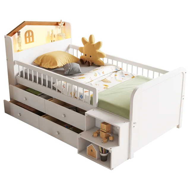 Alt view image 7 of 7 - Low Loft Bed with LED Lights, Wooden Twin Loft Bed with House Shape Headboard, Kids Loft Bed with Storage Drawers, White