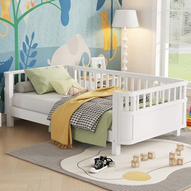 Main image of Twin Size Wood Platform Bed for Kids, Wood Low Profile Twin Bed with Rails for Girls and Boys, White (Patented Design, Old SKU W2593P190148)