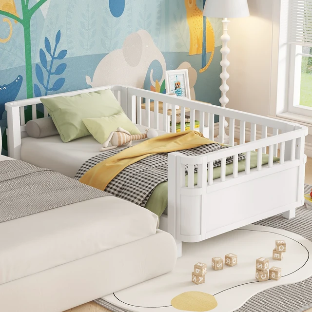Alt view image 3 of 7 - Twin Size Wood Platform Bed for Kids, Wood Low Profile Twin Bed with Rails for Girls and Boys, White (Patented Design, Old SKU W2593P190148)