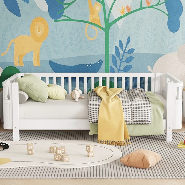 Alt view image 2 of 7 - Twin Size Wood Platform Bed for Kids, Wood Low Profile Twin Bed with Rails for Girls and Boys, White (Patented Design, Old SKU W2593P190148)