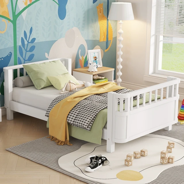 Alt view image 4 of 7 - Twin Size Wood Platform Bed for Kids, Wood Low Profile Twin Bed with Rails for Girls and Boys, White (Patented Design, Old SKU W2593P190148)