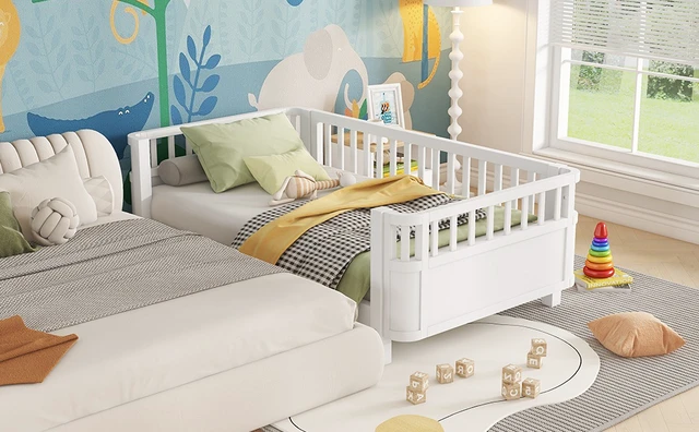 Alt view image 6 of 7 - Twin Size Wood Platform Bed for Kids, Wood Low Profile Twin Bed with Rails for Girls and Boys, White (Patented Design, Old SKU W2593P190148)