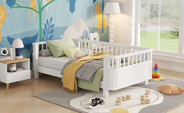 Alt view image 5 of 7 - Twin Size Wood Platform Bed for Kids, Wood Low Profile Twin Bed with Rails for Girls and Boys, White (Patented Design, Old SKU W2593P190148)