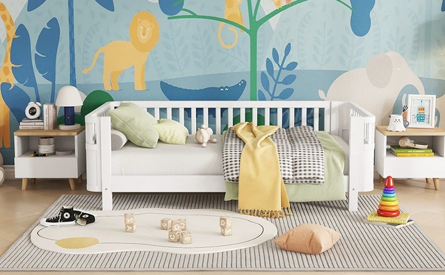 Alt view image 7 of 7 - Twin Size Wood Platform Bed for Kids, Wood Low Profile Twin Bed with Rails for Girls and Boys, White (Patented Design, Old SKU W2593P190148)