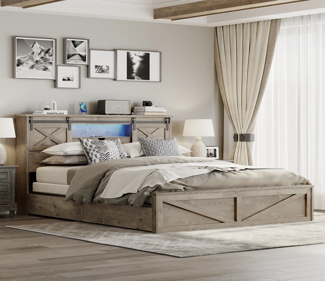 Alt view image 3 of 7 - Farmhouse Bed Frame King Size with LED Lights and Charging Station, Wooden KING Bed with 2 Storage Drawers, Rustic Headboard with Sliding Barn Door Storage Cabinets