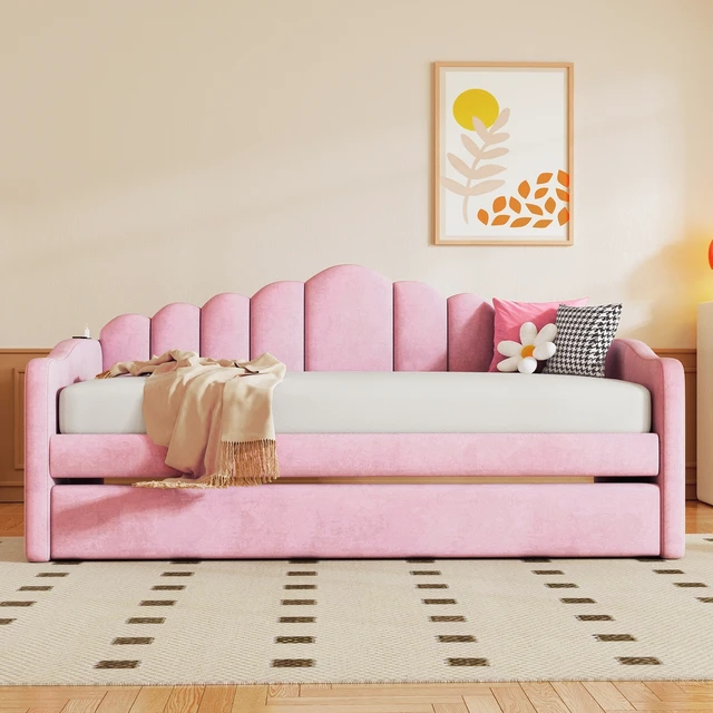 Alt view image 2 of 7 - Twin size Upholstered Daybed with Trundle ,Velvet Sofabed with USB Charging Ports,No Box-spring Needed,Pink