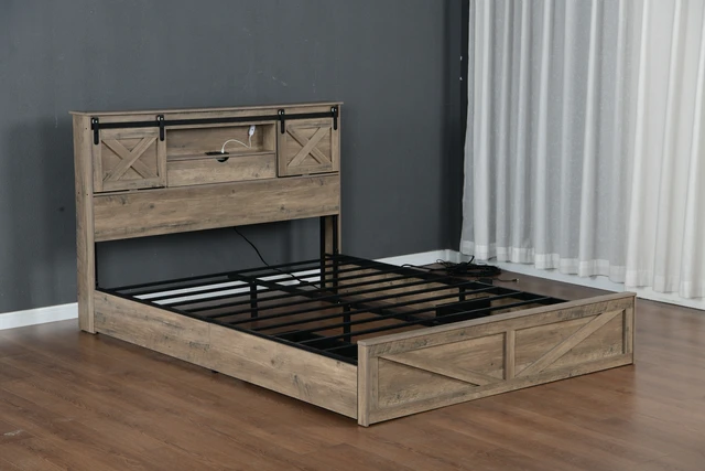 Alt view image 4 of 7 - Farmhouse Bed Frame King Size with LED Lights and Charging Station, Wooden KING Bed with 2 Storage Drawers, Rustic Headboard with Sliding Barn Door Storage Cabinets