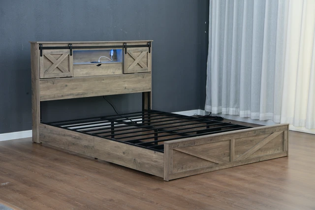 Alt view image 5 of 7 - Farmhouse Bed Frame King Size with LED Lights and Charging Station, Wooden KING Bed with 2 Storage Drawers, Rustic Headboard with Sliding Barn Door Storage Cabinets
