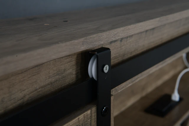Alt view image 7 of 7 - Farmhouse Bed Frame King Size with LED Lights and Charging Station, Wooden KING Bed with 2 Storage Drawers, Rustic Headboard with Sliding Barn Door Storage Cabinets