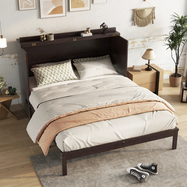 Alt view image 4 of 7 - Queen Size Murphy Bed, Pine Wood Cabinet Bed with Power Station and Rattan Decoration Panel,Espresso