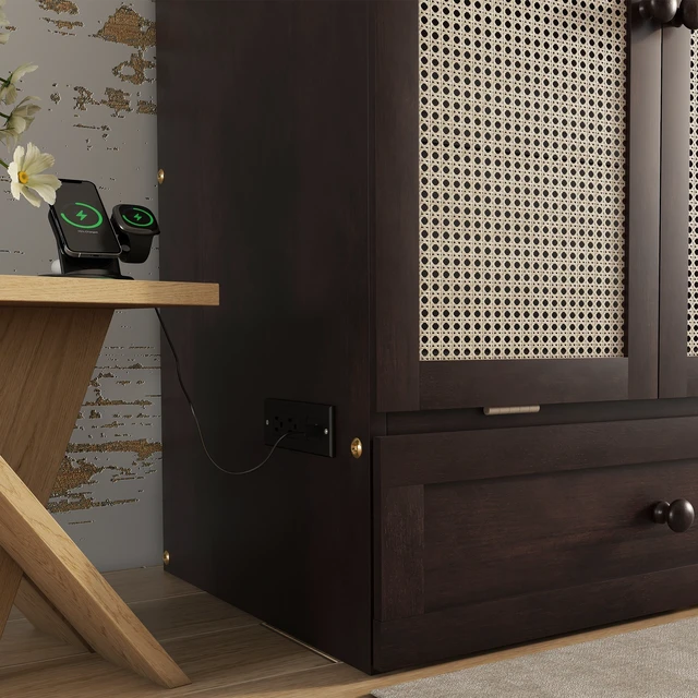 Alt view image 6 of 7 - Queen Size Murphy Bed, Pine Wood Cabinet Bed with Power Station and Rattan Decoration Panel,Espresso
