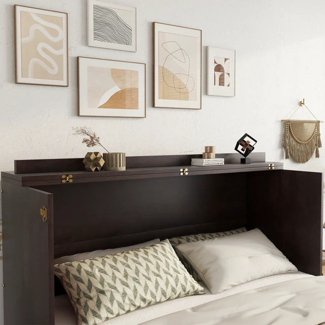 Alt view image 5 of 7 - Queen Size Murphy Bed, Pine Wood Cabinet Bed with Power Station and Rattan Decoration Panel,Espresso