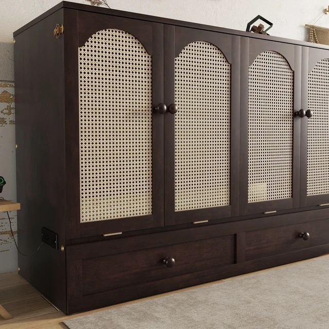 Alt view image 7 of 7 - Queen Size Murphy Bed, Pine Wood Cabinet Bed with Power Station and Rattan Decoration Panel,Espresso