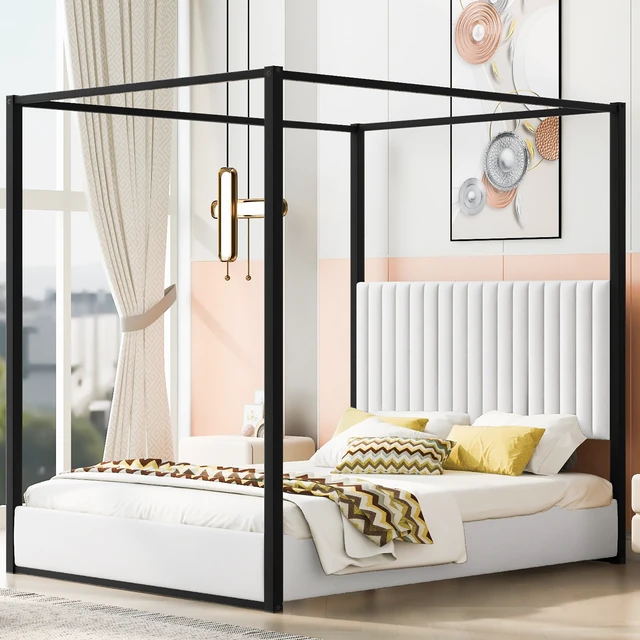 Alt view image 2 of 7 - Queen Size Upholstery Canopy Platform Bed with Headboard and Metal Frame, White