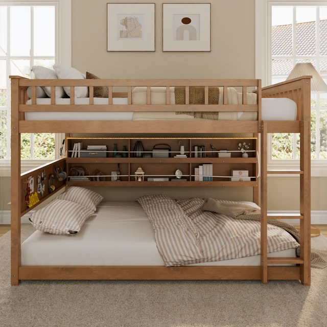 Alt view image 2 of 7 - Full over Full Bunk Bed with Integrated Shelving, Color-Changing Lights and Pegboard, Brown