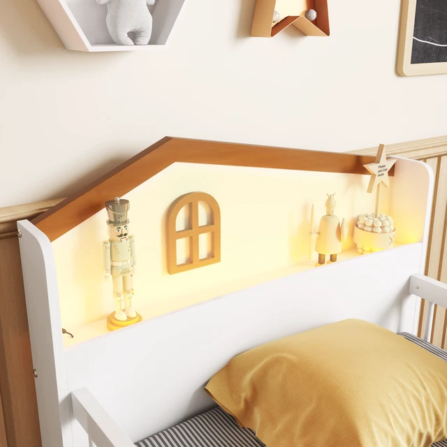 Alt view image 4 of 7 - Low Loft Bed with LED Lights, Wooden Twin Loft Bed with House Shape Headboard, Kids Loft Bed with Storage Drawers, White