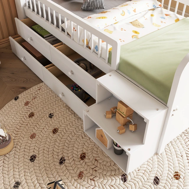 Alt view image 5 of 7 - Low Loft Bed with LED Lights, Wooden Twin Loft Bed with House Shape Headboard, Kids Loft Bed with Storage Drawers, White