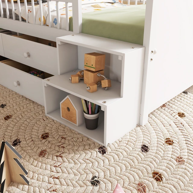 Alt view image 6 of 7 - Low Loft Bed with LED Lights, Wooden Twin Loft Bed with House Shape Headboard, Kids Loft Bed with Storage Drawers, White