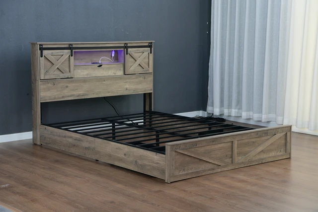 Alt view image 6 of 7 - Farmhouse Bed Frame King Size with LED Lights and Charging Station, Wooden KING Bed with 2 Storage Drawers, Rustic Headboard with Sliding Barn Door Storage Cabinets